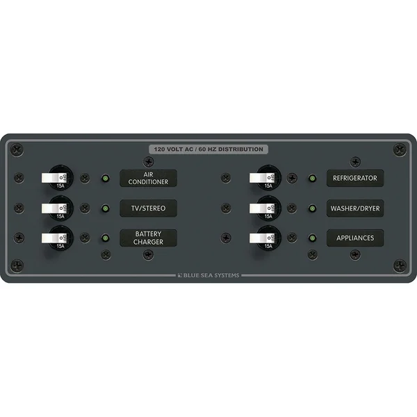 Blue Sea 8097 AC 6 Position Toggle Circuit Breaker Panel - White Switches [8097]