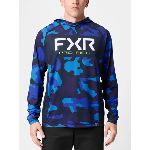 FXR Derby Camo Air UPF Hoodie Blue Camo/Lime