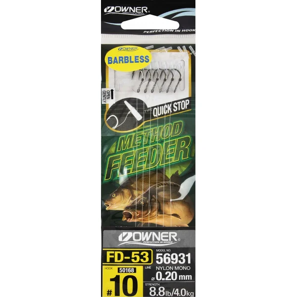 Owner FD-53 Method Feeder Quick Stop Barbless Hook To Nylon Rig