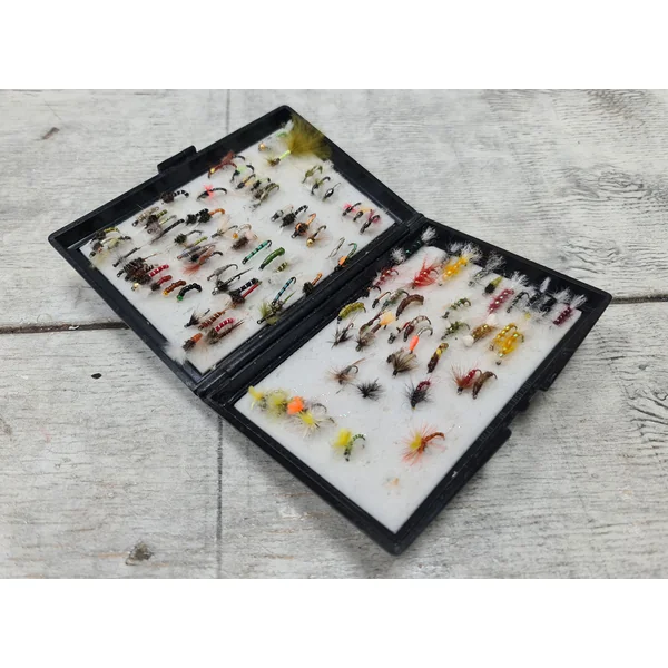Preloved Stillwater Medium Black Fly Box & 100+ Trout flies - As New