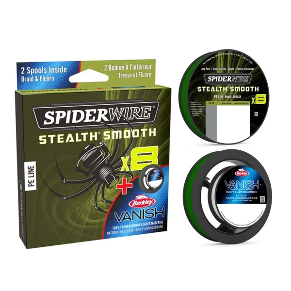 Spiderwire Stealth Smooth Duo Spool SS8 Braid Moss Green 150m + Vanish Fluoro